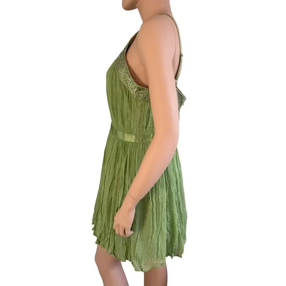 Vintage Green 100% Silk Beaded Halter Pleated Mini Dress Sz 14 Fairy Spring - Picture 6 of 10
